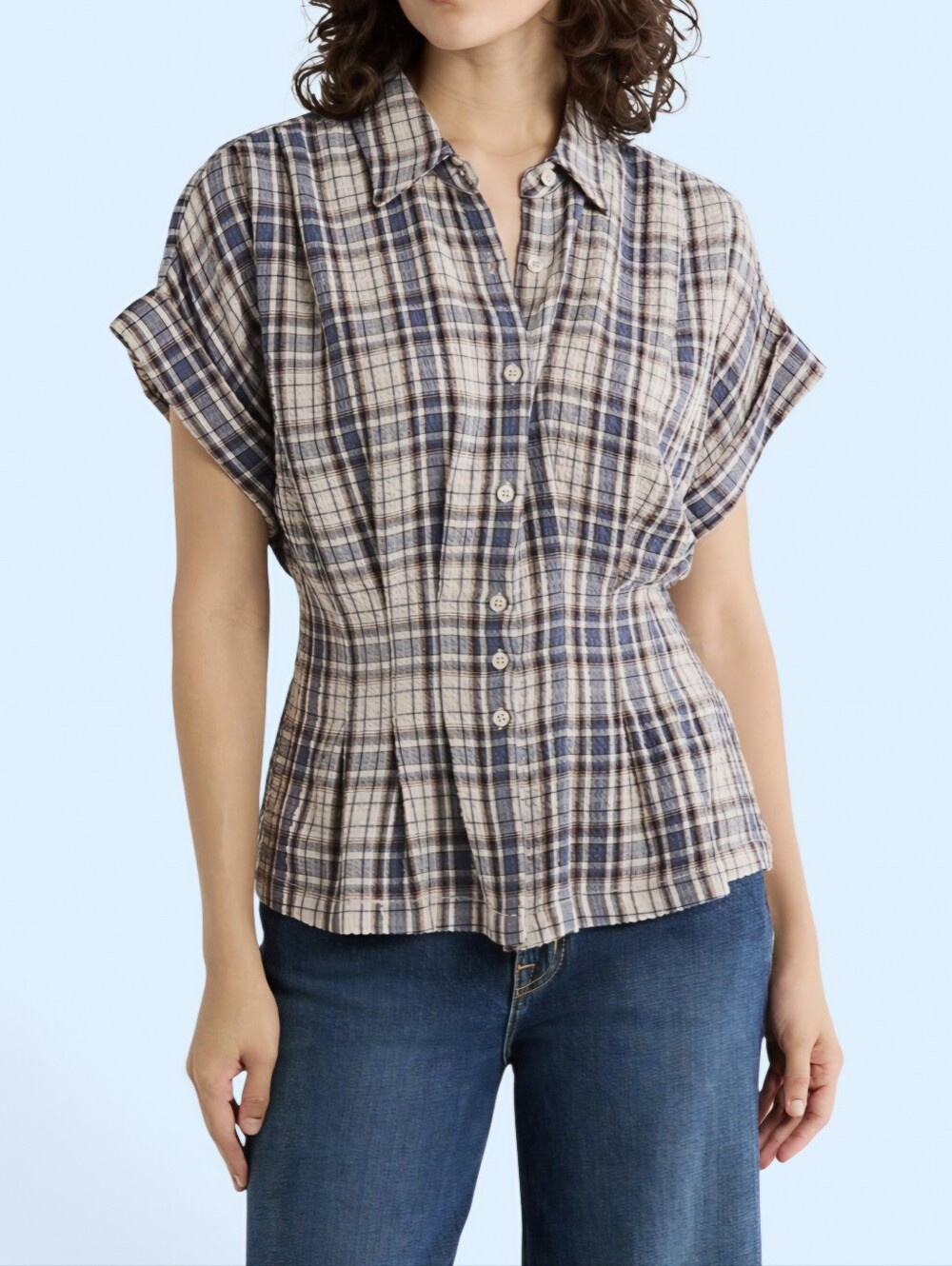 Max Studio Plaid Button-Front Short Sleeve Top in Blue